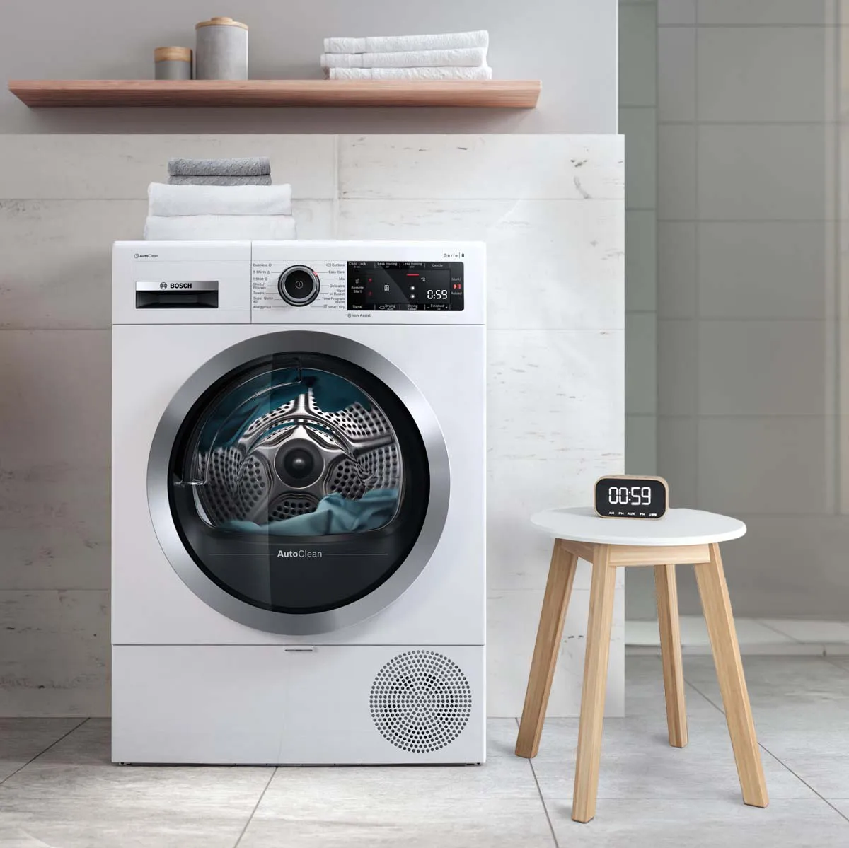 Washing machine, towels, shelves, stool, modern bathroom interior design.