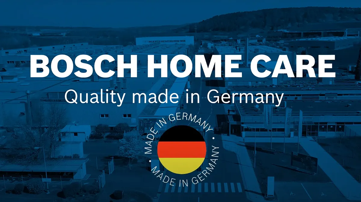 Bosch Home Logo péče o budovu, text "Kvalita vyrobena v Německu", ikona německé vlajky, průmyslová krajina.