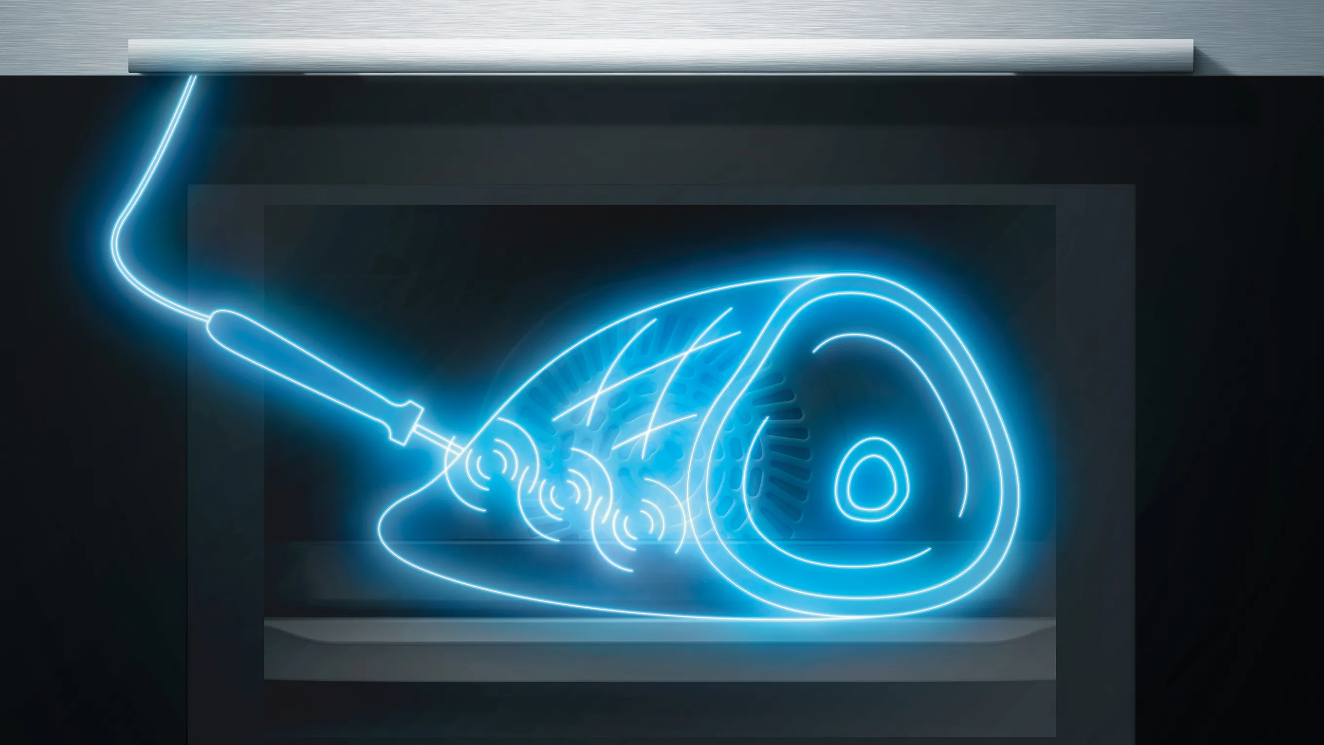 A glowing blue illustration of a meat roast with a probe inserted, representing the Siemens roastingSensor Plus technology in an oven. 