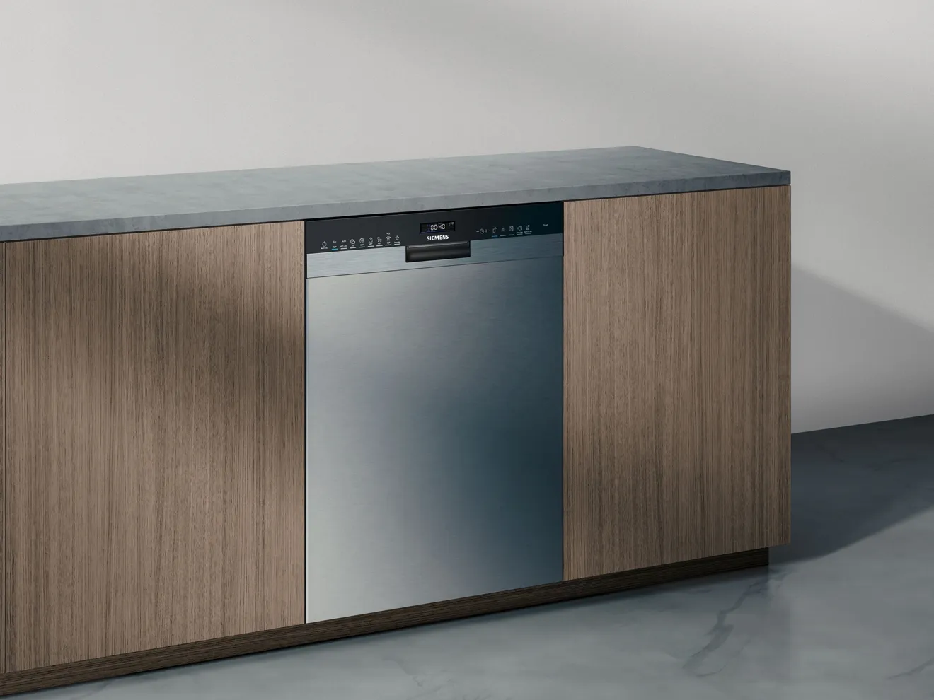 Holzküchenschrank mit eingebauter Geschirrspülmaschine, modernes minimalistisches Design.