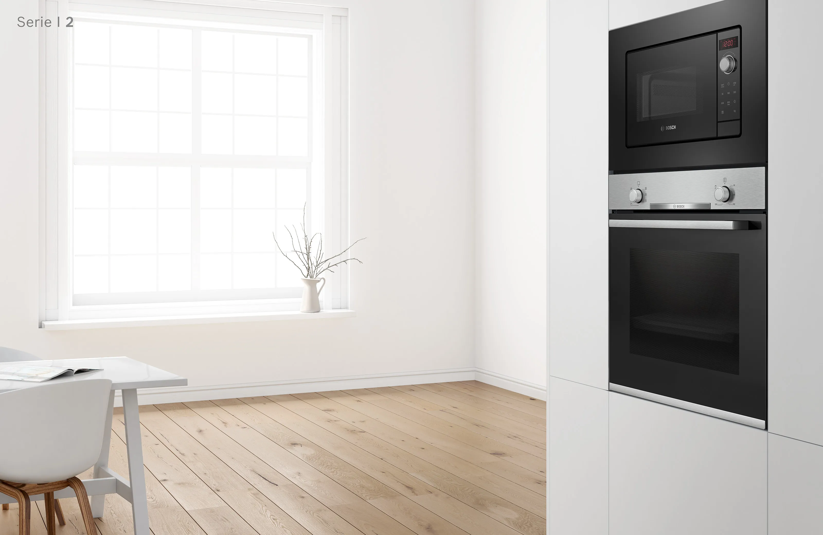 Minimalistische, weiße Küche mit einer eingebauten Bosch Serie 2 Mikrowelle und einem passenden Einbackofen neben einem hellen Fenster.