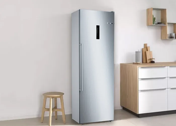 Gümüş buzdolabı, ahşap mobilya ve minimalist dekorasyon ile modern mutfak.