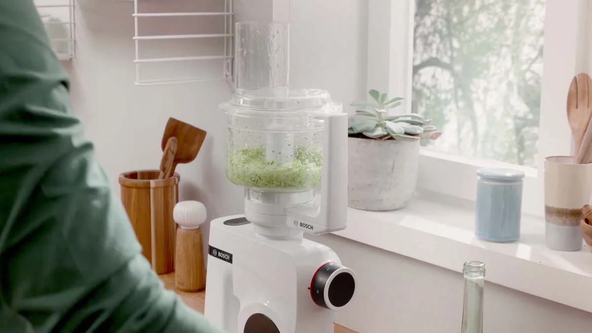 Kitchen counter with blender, plants, and cooking utensils. Bright, natural lighting.