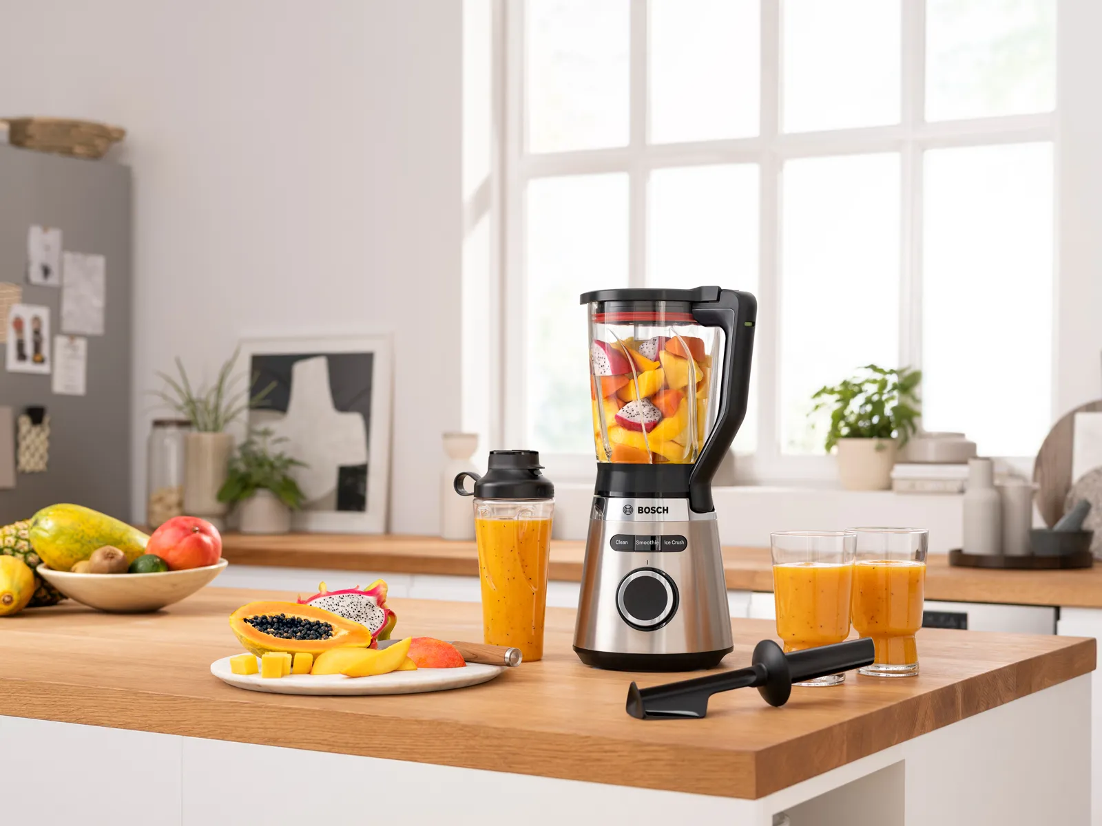 Blatul de bucătărie pe care se află un blender Bosch plin cu bucăți de fructe, două pahare cu suc de portocale, o farfurie cu fructe feliate și o prăjitură, un instrument negru de presare, iar în fundal un bol cu banane și alte fructe