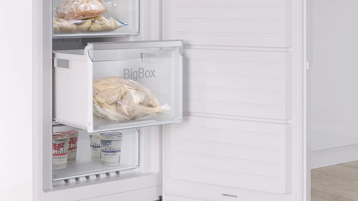 Kühlschrank innen mit gefrorenen Lebensmitteln und Aufbewahrungsbehältern.