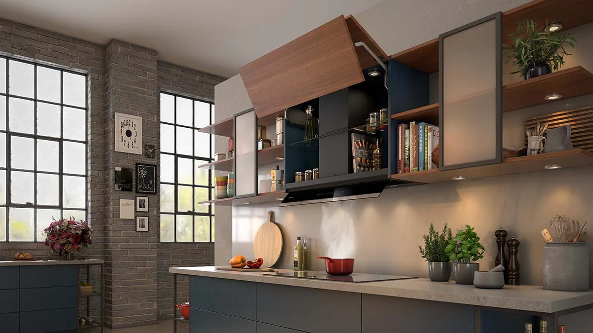 Modern kitchen with wooden cabinets, shelves, and large windows providing natural light.