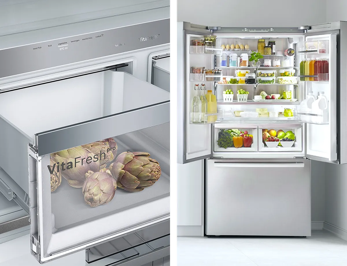 Image of open freezer no frost compartment and open fridge with food