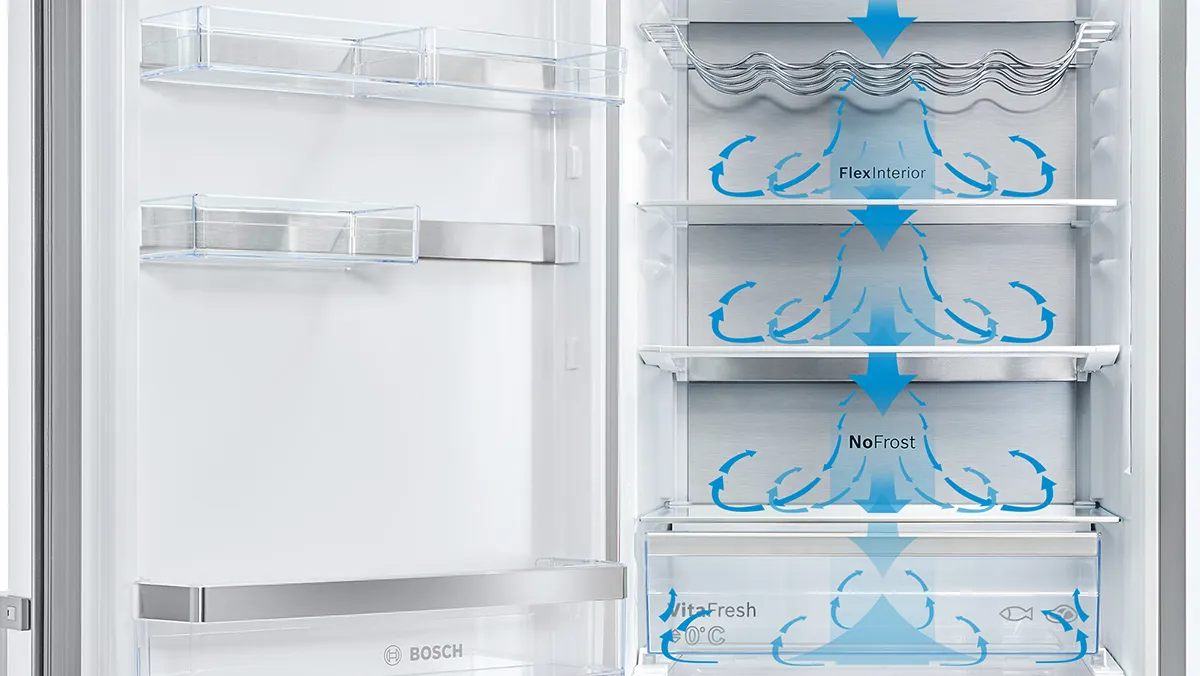 Open fridge freezer with blue arrows illustrating the air circulation within the fridge.