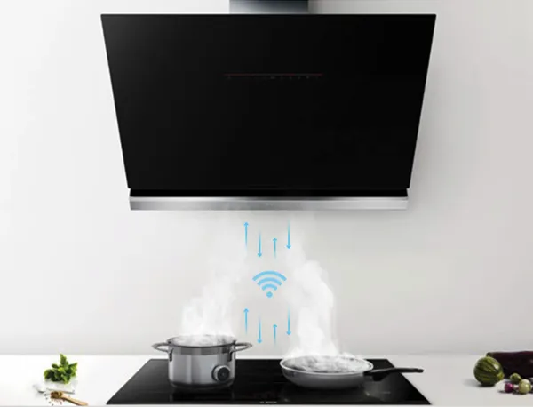 Smart kitchen hood extracting steam from a stovetop pot and pan, featuring a blue Wi-Fi connectivity icon.