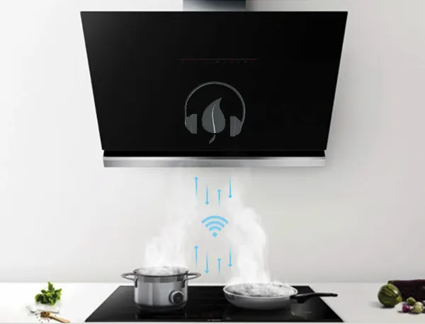 Smart kitchen hood with a leaf-and-headphones icon, extracting steam over a Wi-Fi symbol.