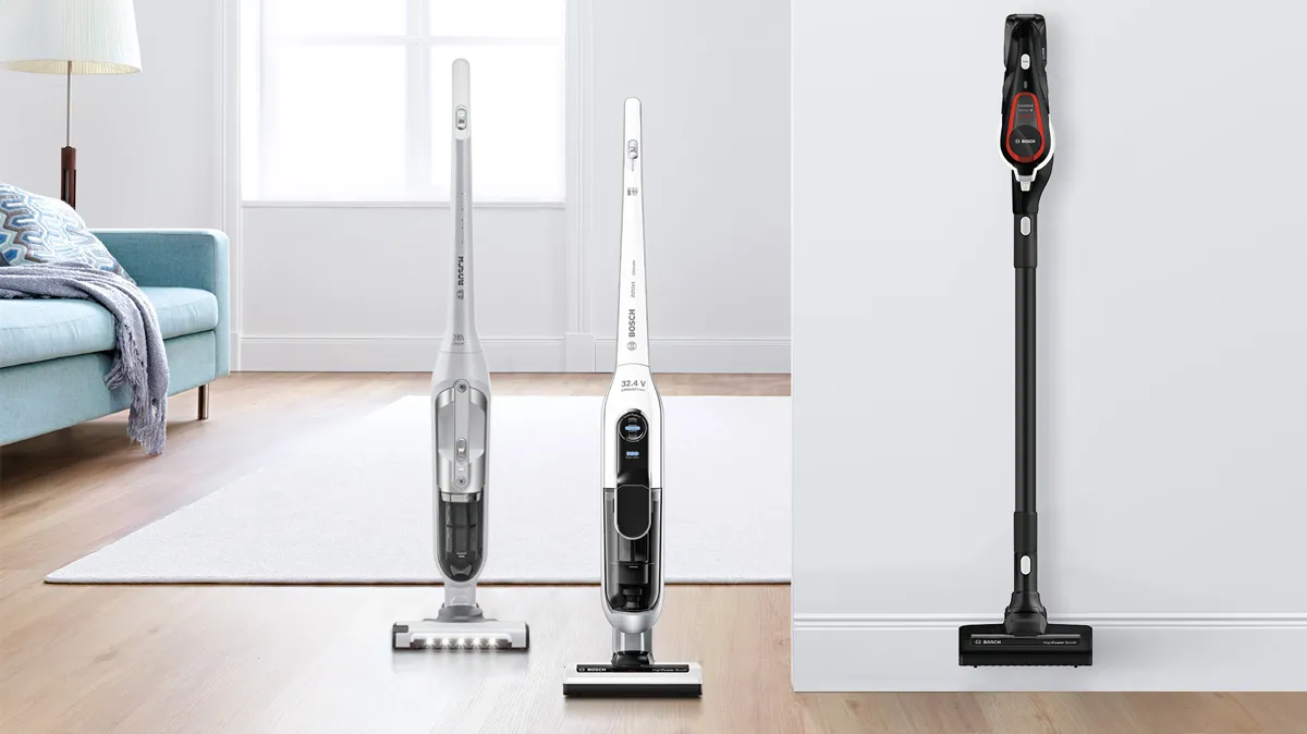 Upright and stick cordless products lined up in the living room.