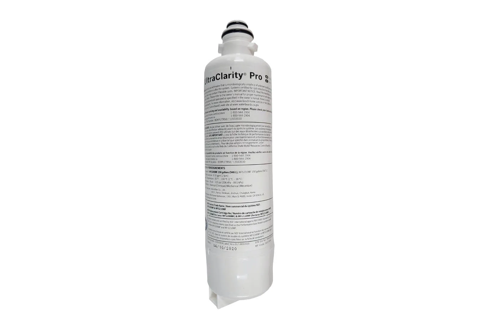 Bosch UltraClarity Pro Water filter cartridge with product information label.