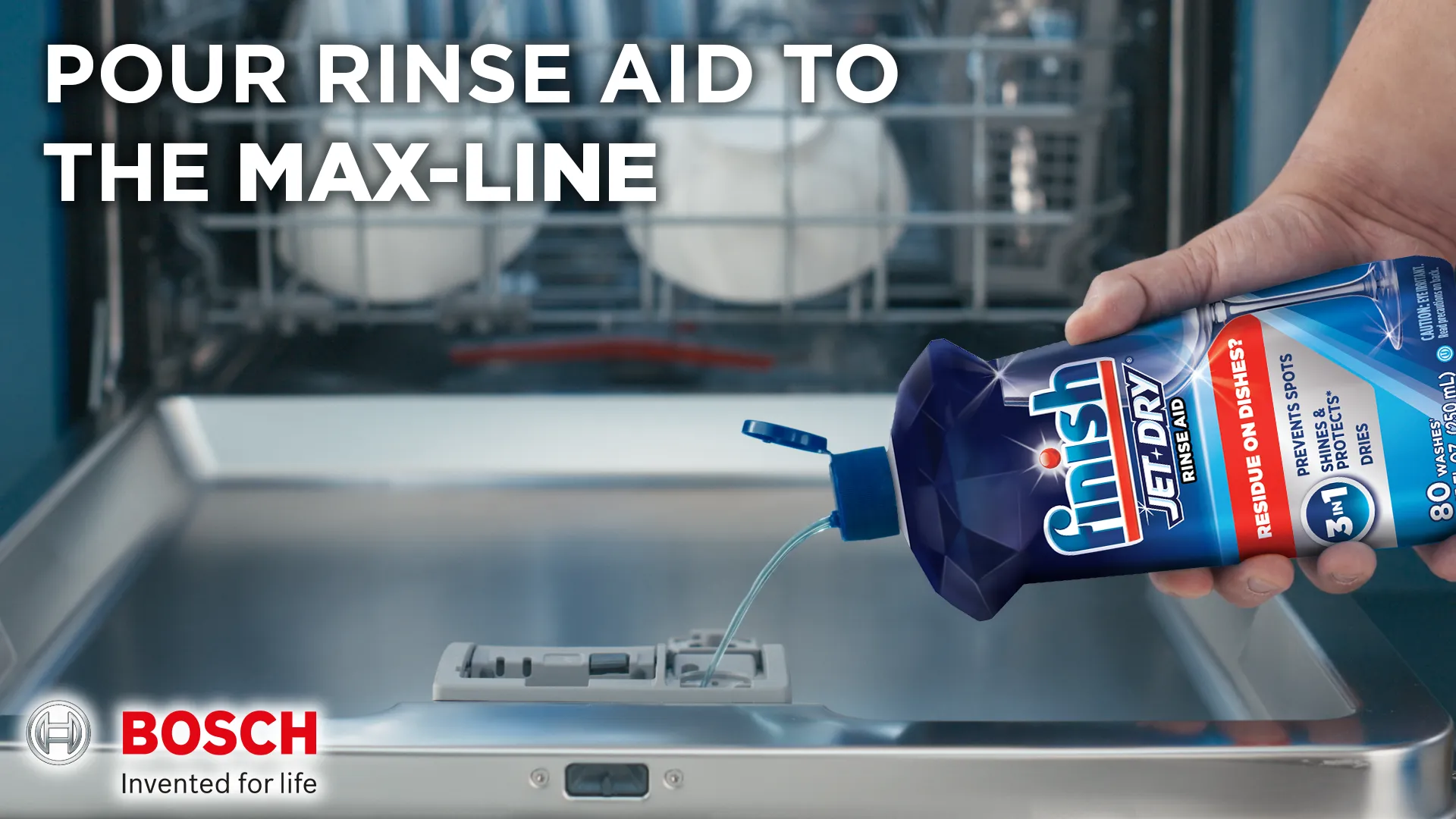 Bosch Dishwasher with rinse aid dispenser, Bosch brand, pour rinse aid to the max line.