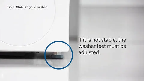 Washer stabilization instructions, adjustable feet, if unstable, adjust feet.