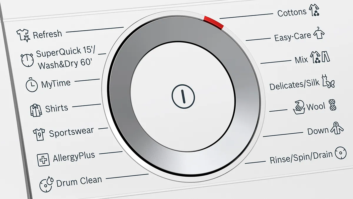 Washing machine control panel with various cycle options and icons.