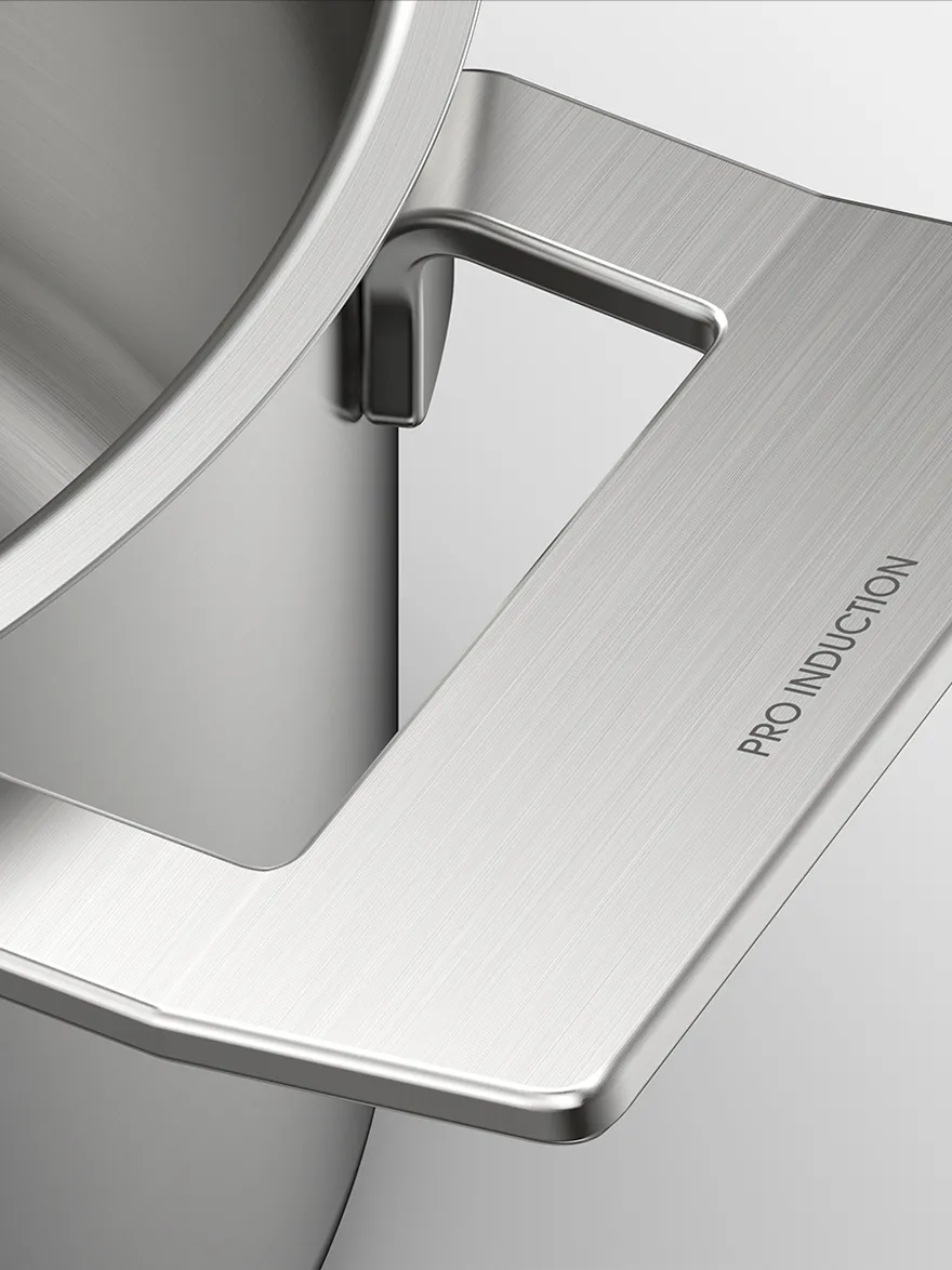Eletrodoméstico de cozinha de aço inoxidável com logotipo de indução Pro e painel de controle.