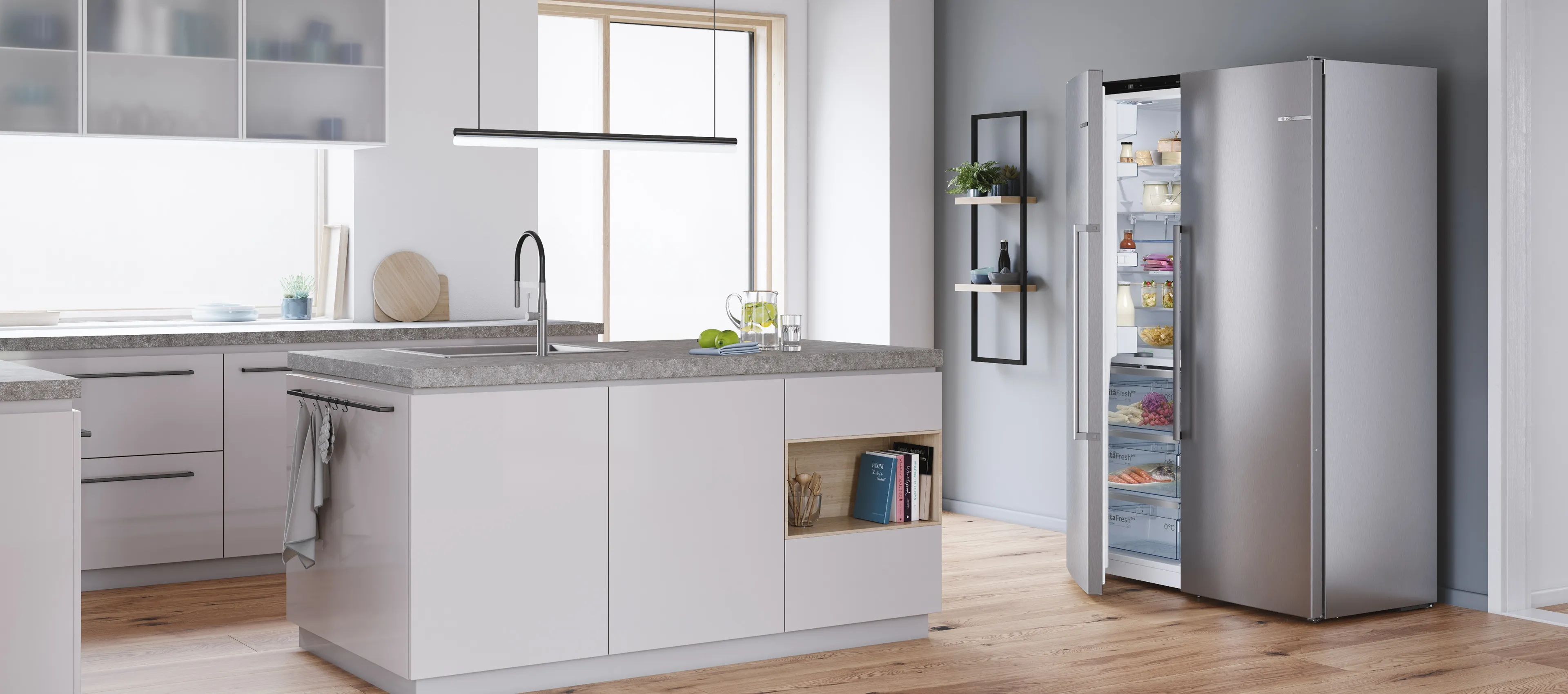 American style fridge in a white clean kitchen