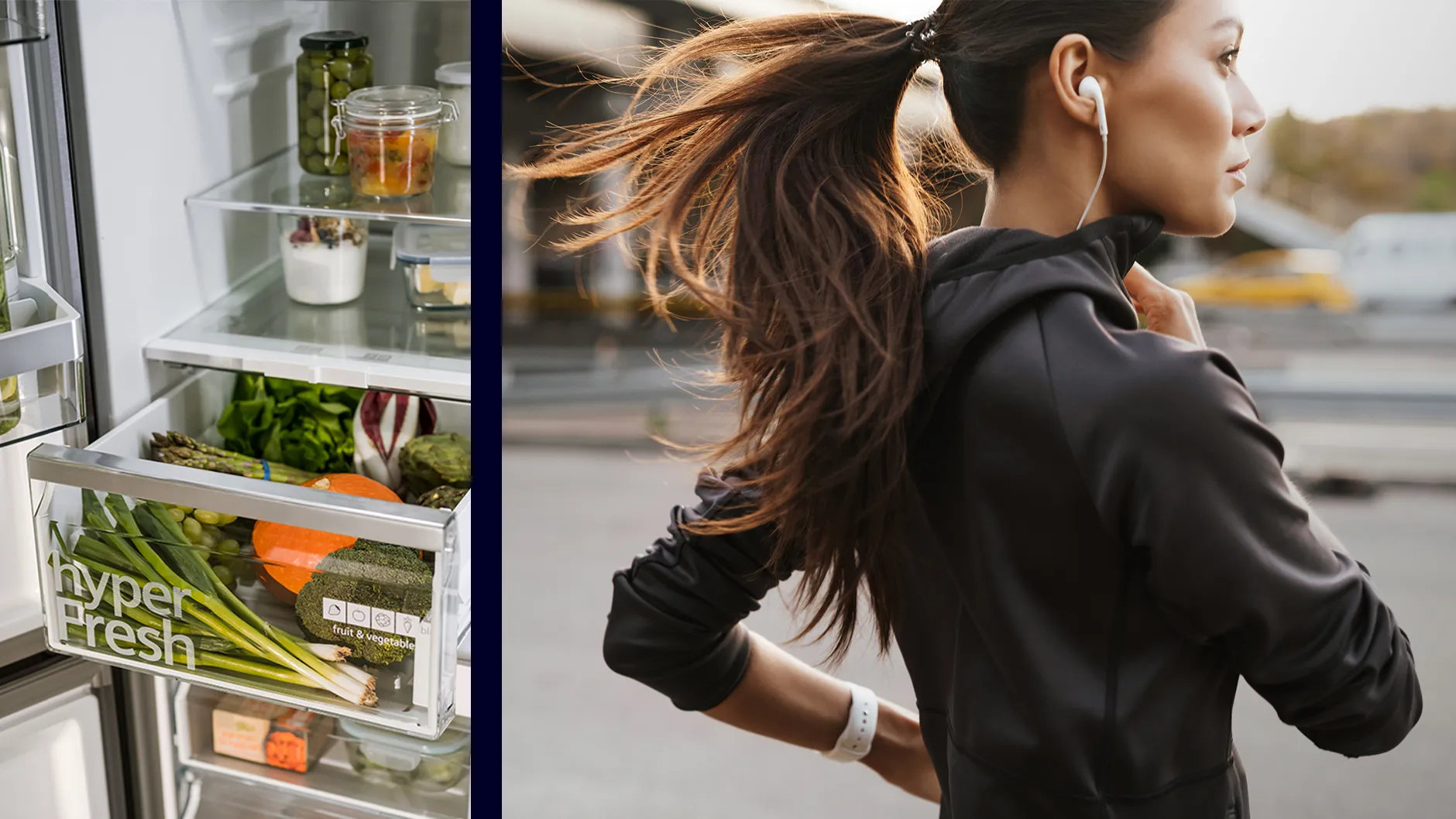Split shot of full fridge on one side and person running on the other