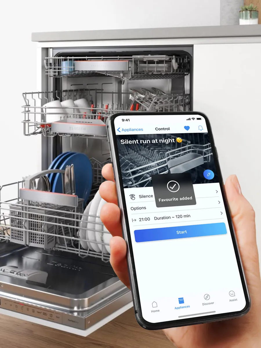 Bosch dishwasher paired with the smartphone app, showcasing smart home connectivity for remote control and customisation.