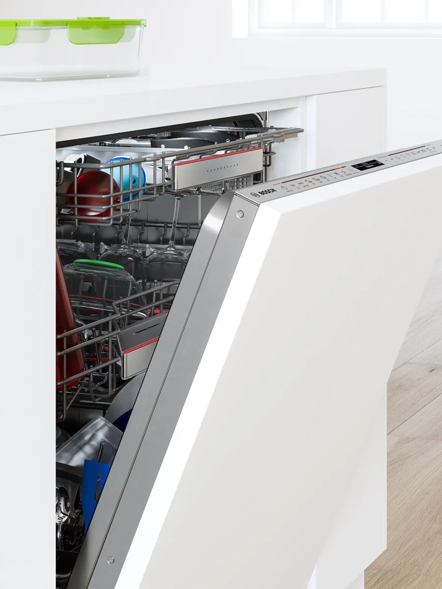Bosch fully integrated open dishwasher with top-mounted control panel, adjustable racks, and advanced cleaning features.