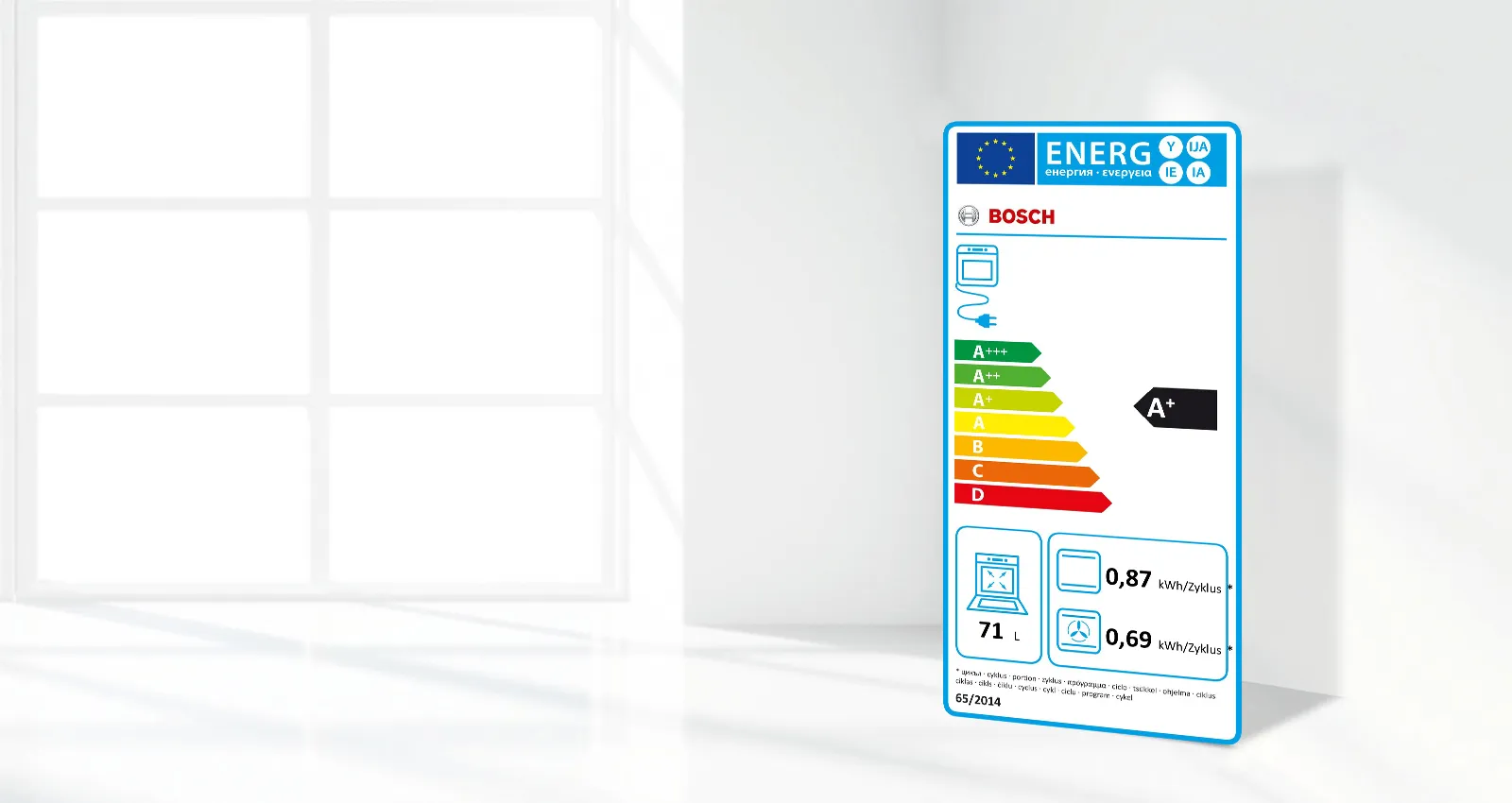 European energy label with A+ rating for a Bosch appliance in a bright room.