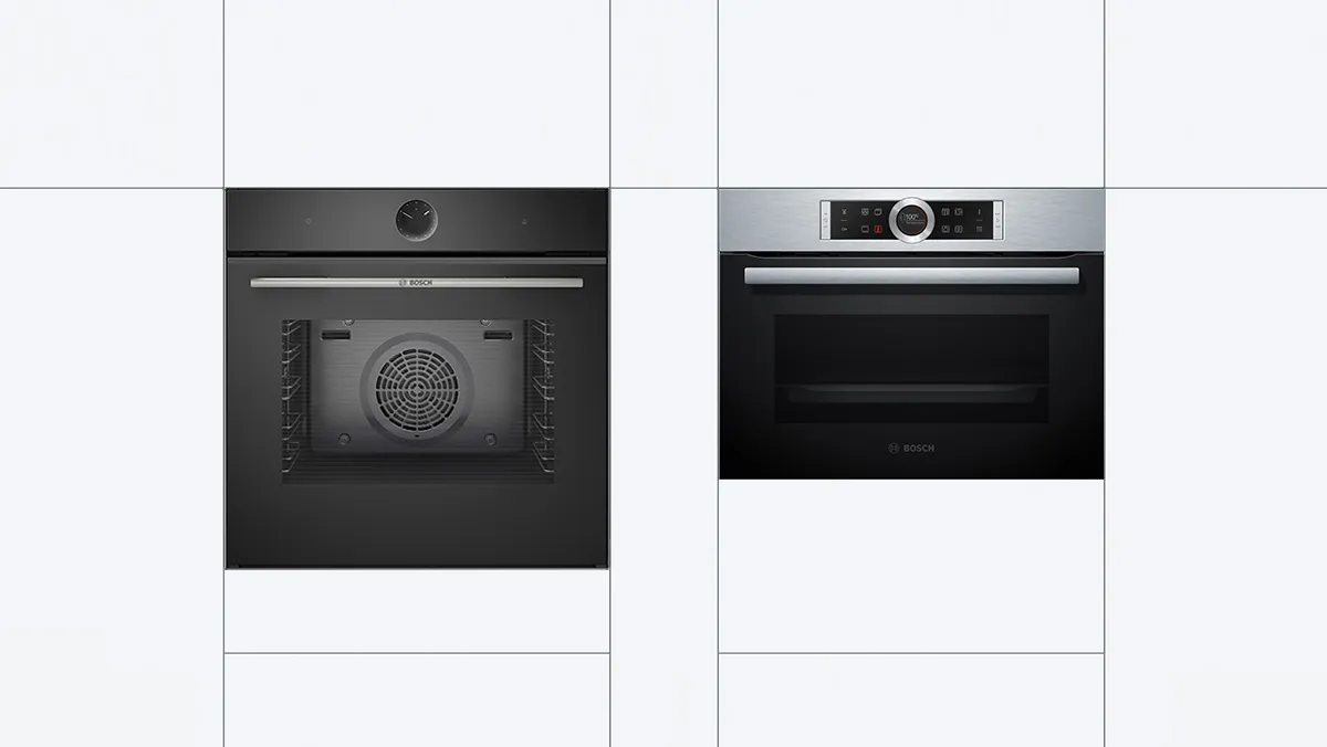 Black Bosch built-in oven featuring a sleek design and a digital control panel with cooking icons.