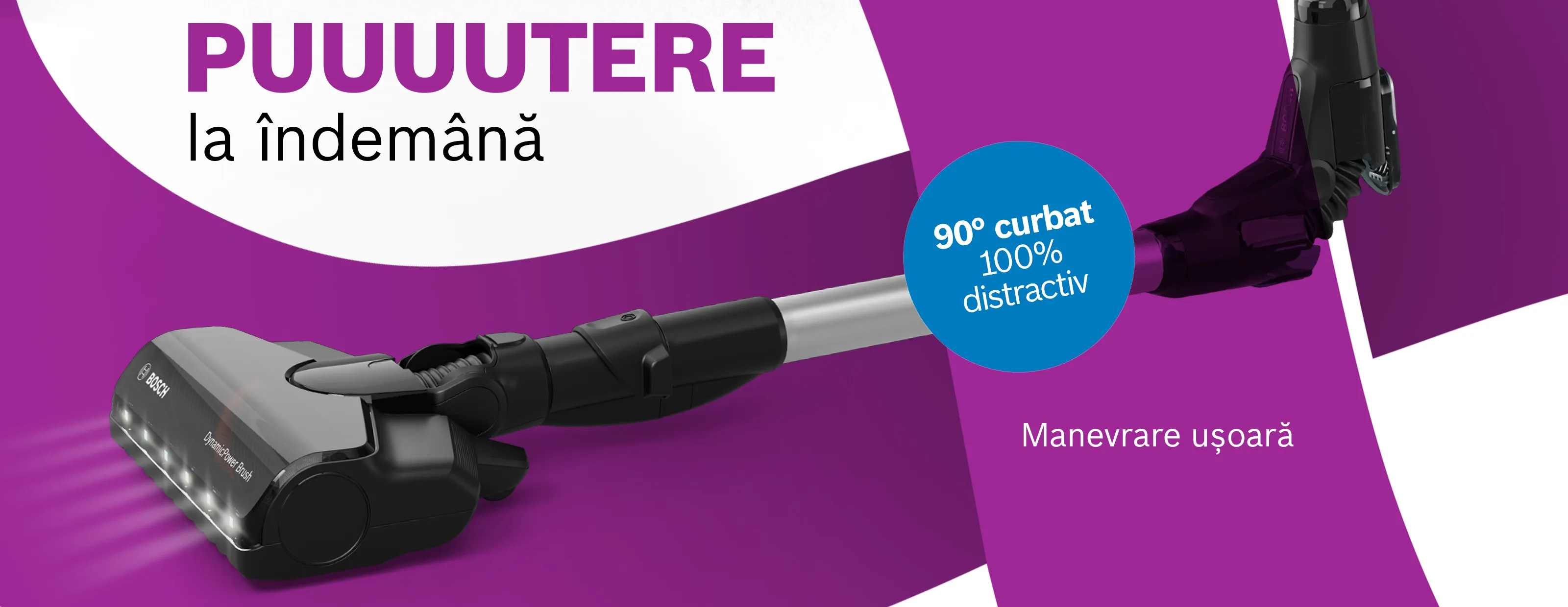 Aspirator fără fir cu cap flexibil la 90 de grade, textul „Putere simplificată”, manevrare fără efort.