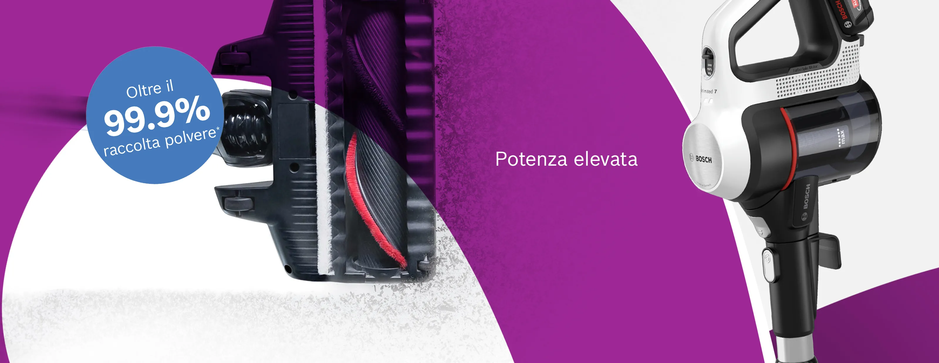 Aspirapolvere con elevata potenza di pulizia e oltre il 99,9% di raccolta della polvere, su sfondo viola.