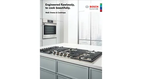 Modern kitchen Bosch appliances, gas stove, oven, Bosch brand, sleek white design.