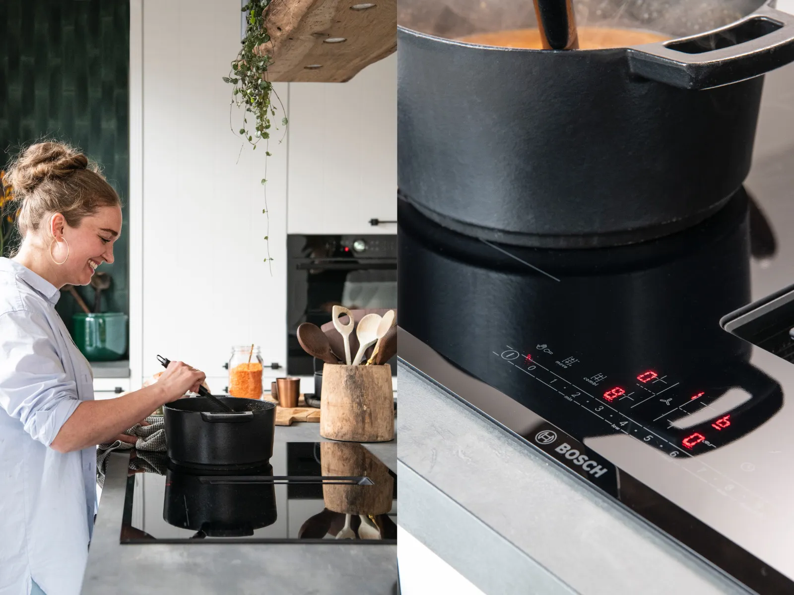 Cuisine femme en cuisine, plateau à induction avec casseroles et ustensiles.