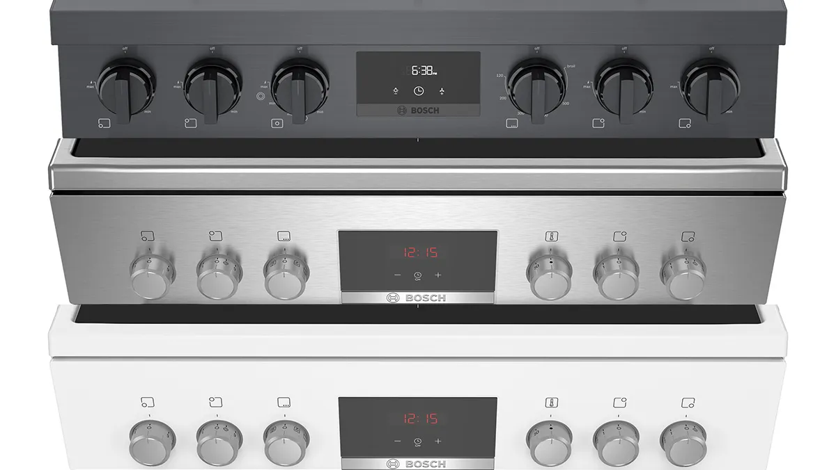 Bosch freestanding cooker control panels in three finishes: black, stainless steel, and white, offering style options.