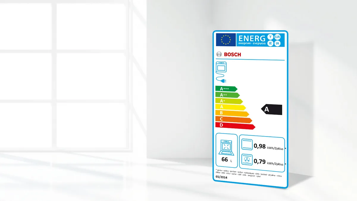 A+ rated energy label for a Bosch freestanding cookers detailing electricity consumption and capacity.