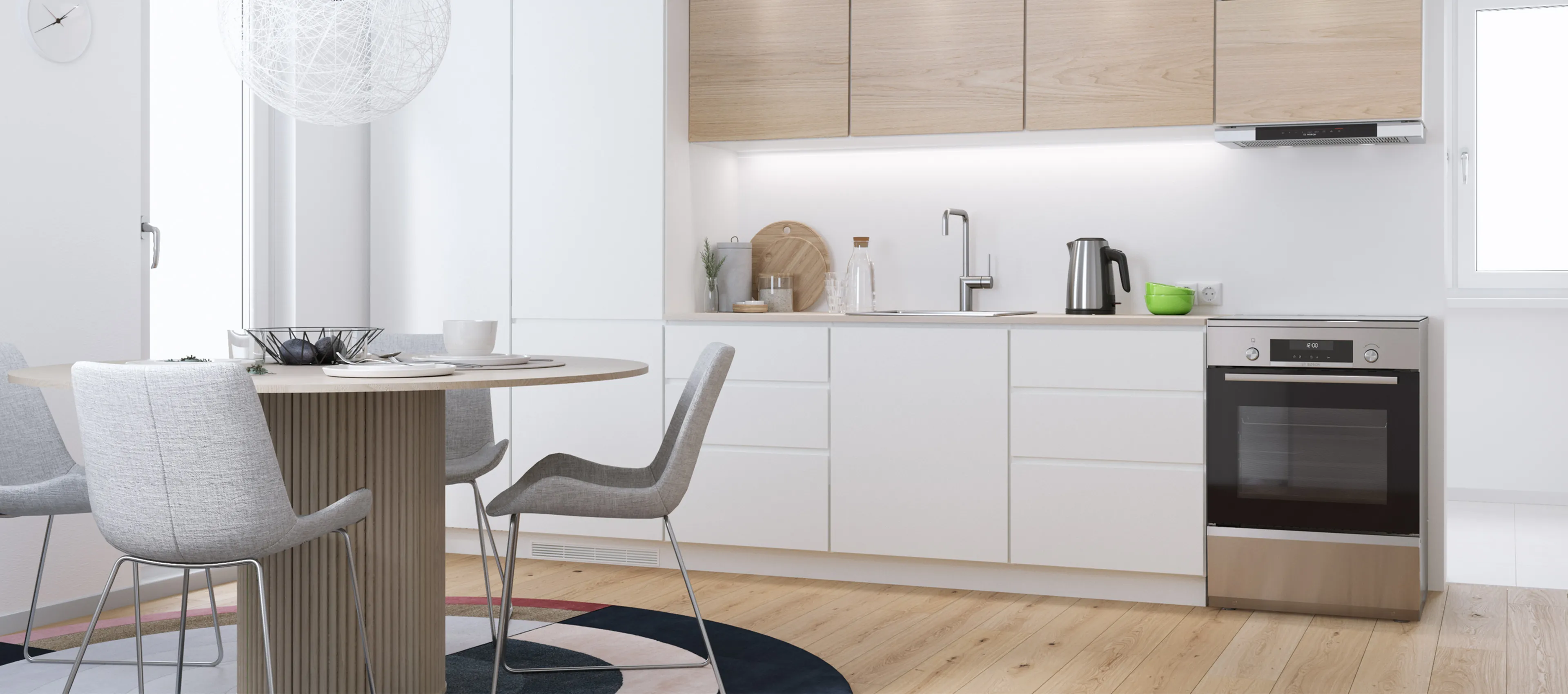 Bosch freestanding cooker in a white and wood kitchen. 