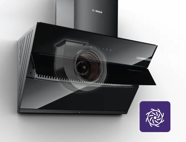 A black Bosch range hood with a visible internal fan and a purple icon representing a powerful motor.