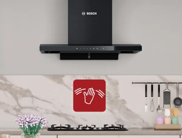 Bosch kitchen chimney over a stovetop with a red gesture-control icon.