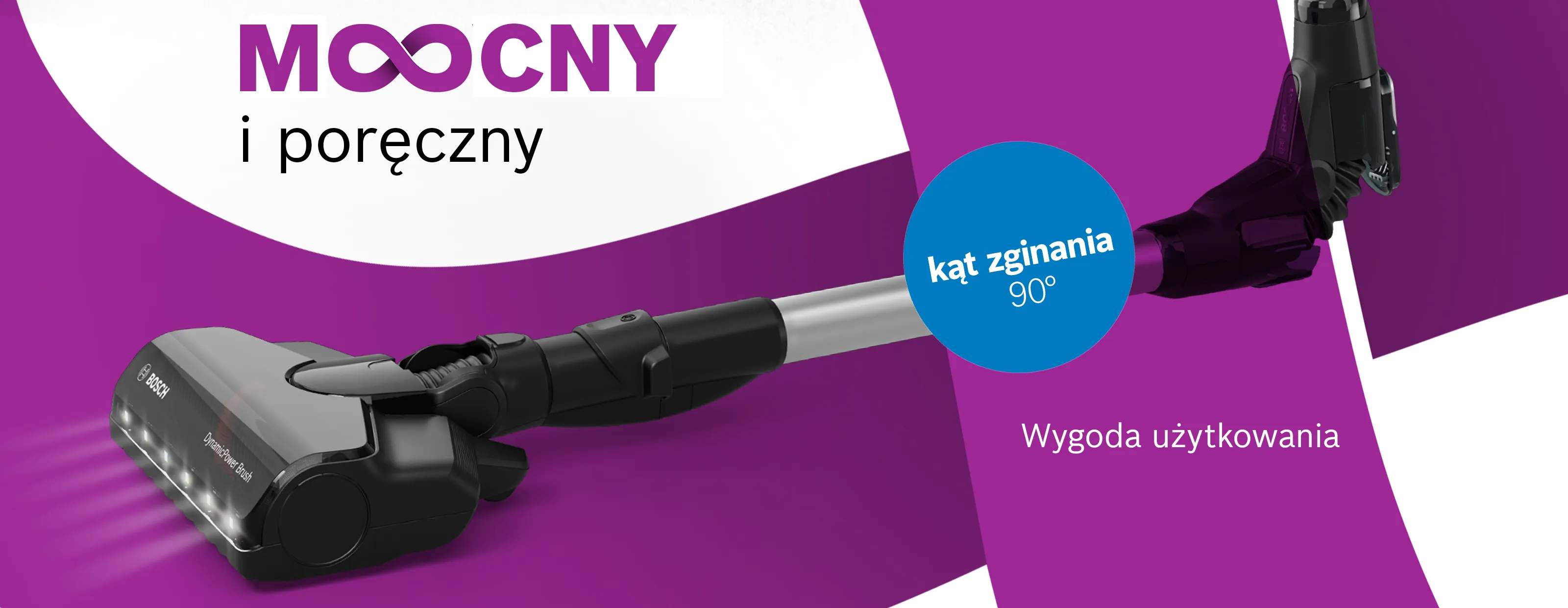 Bezprzewodowe elektronarzędzie z głowicą odchylaną o 90 stopni, napis „Power made easy”, łatwa obsługa.