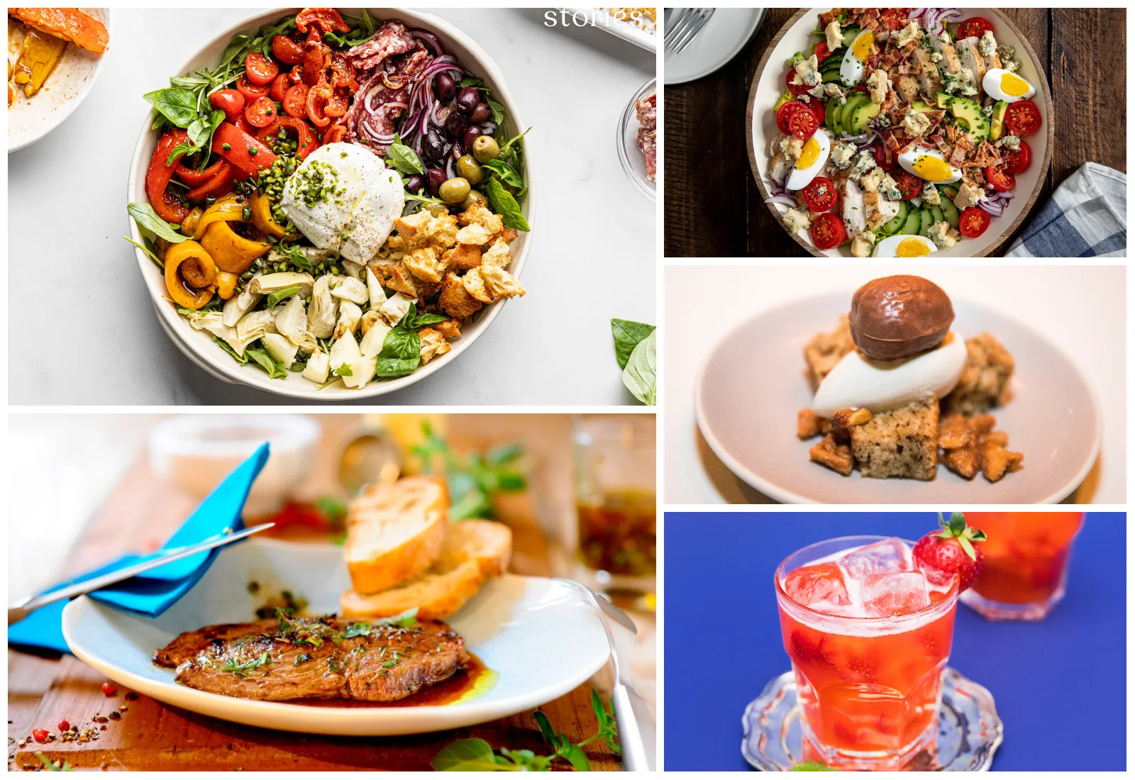 Collage of diverse dishes: salads, main courses, dessert, and a cocktail with a strawberry.