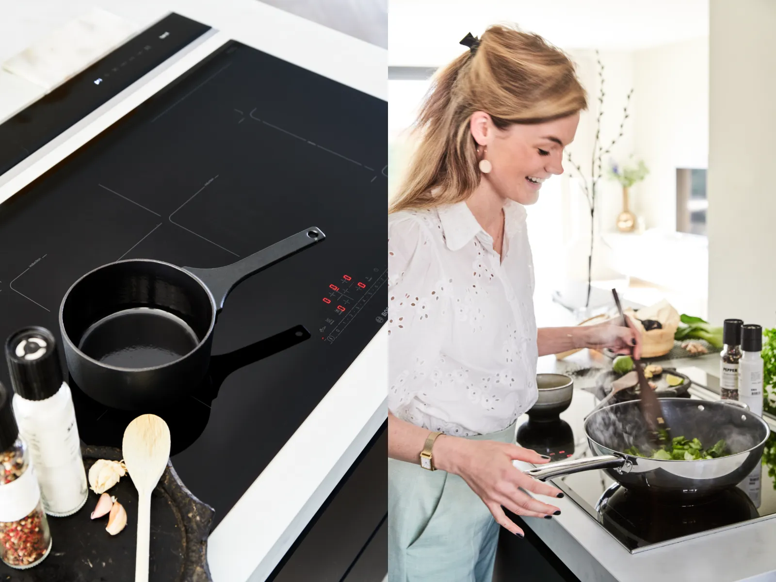 Appareils de cuisine, ustensiles de cuisine et une femme préparant un repas sur une cuisinière.