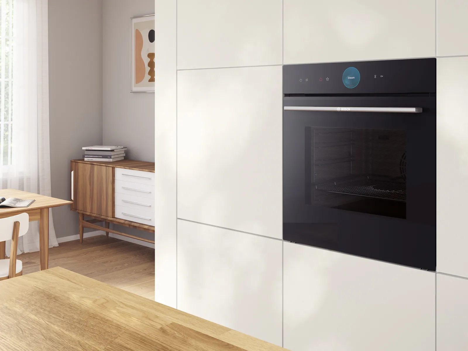 A built in steam oven in a white kitchen.