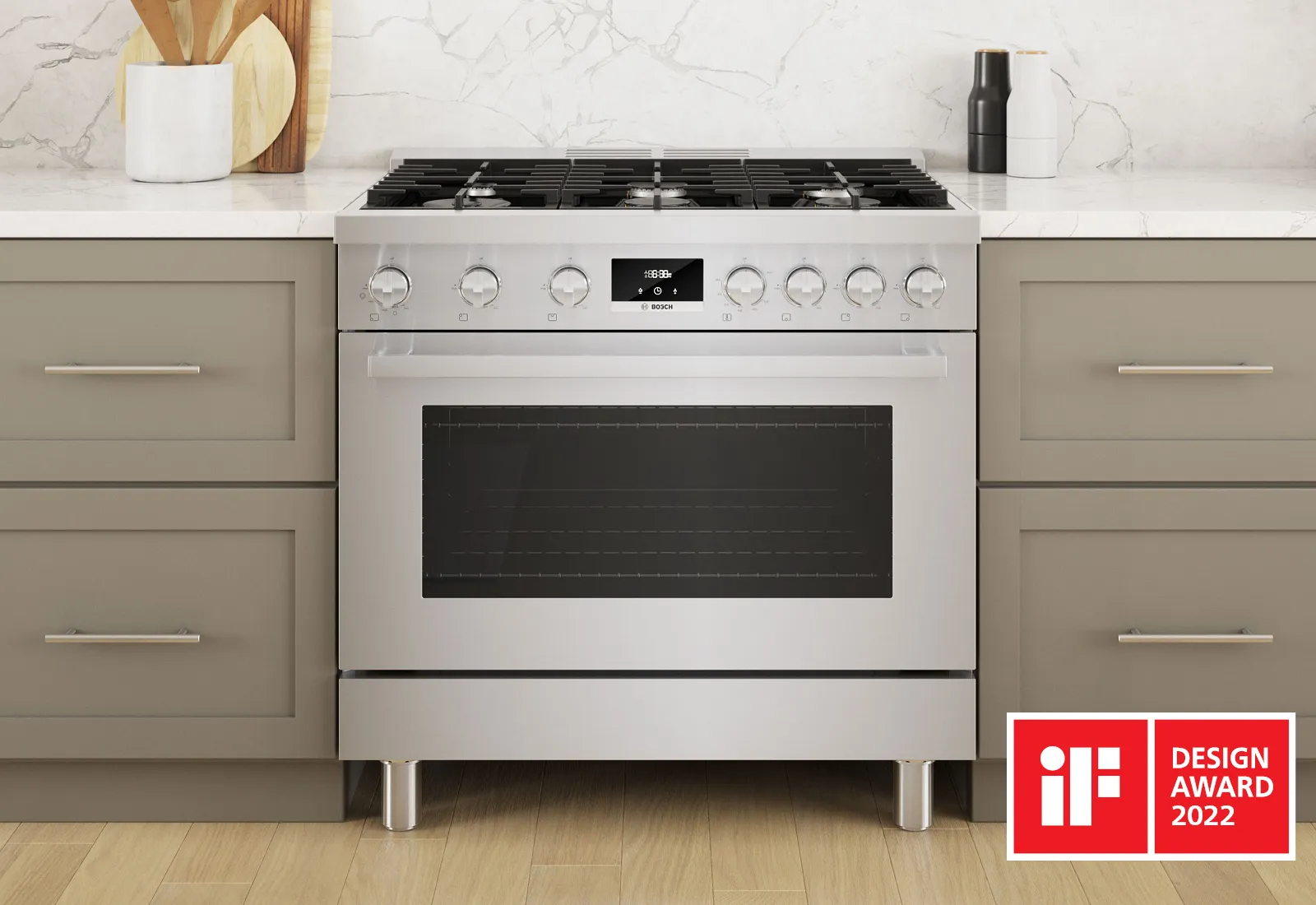 Bosch Stainless steel gas range with six burners and oven, awarded 2022 IF Design Award.
