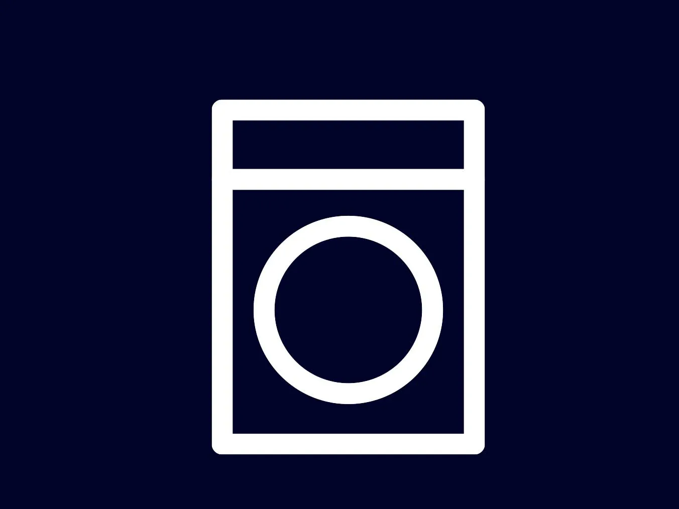 Minimalistische Ikone, die eine Waschmaschine oder ein Wäschegerät auf einem dunklen blauen Hintergrund darstellt.