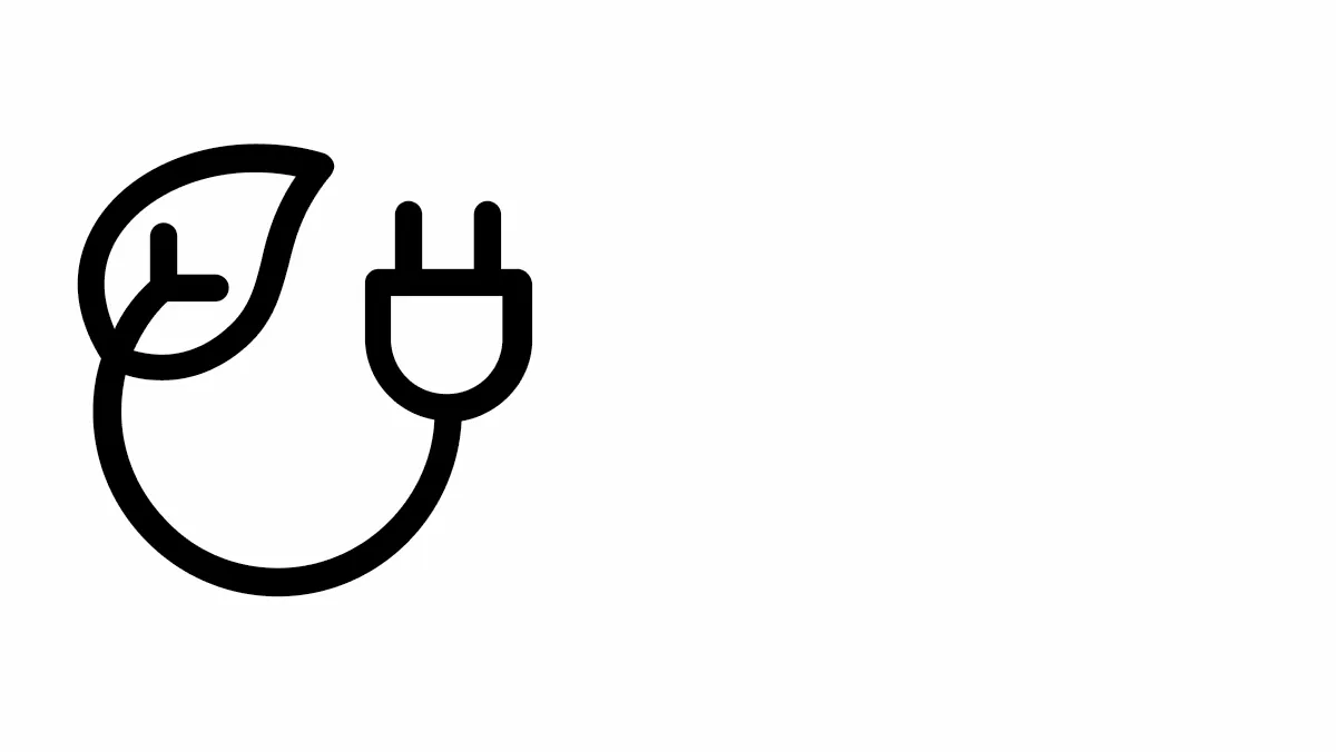 Un diseño minimalista que muestra un cable de alimentación junto a una hoja, simbolizando la conexión entre la energía y la sostenibilidad.