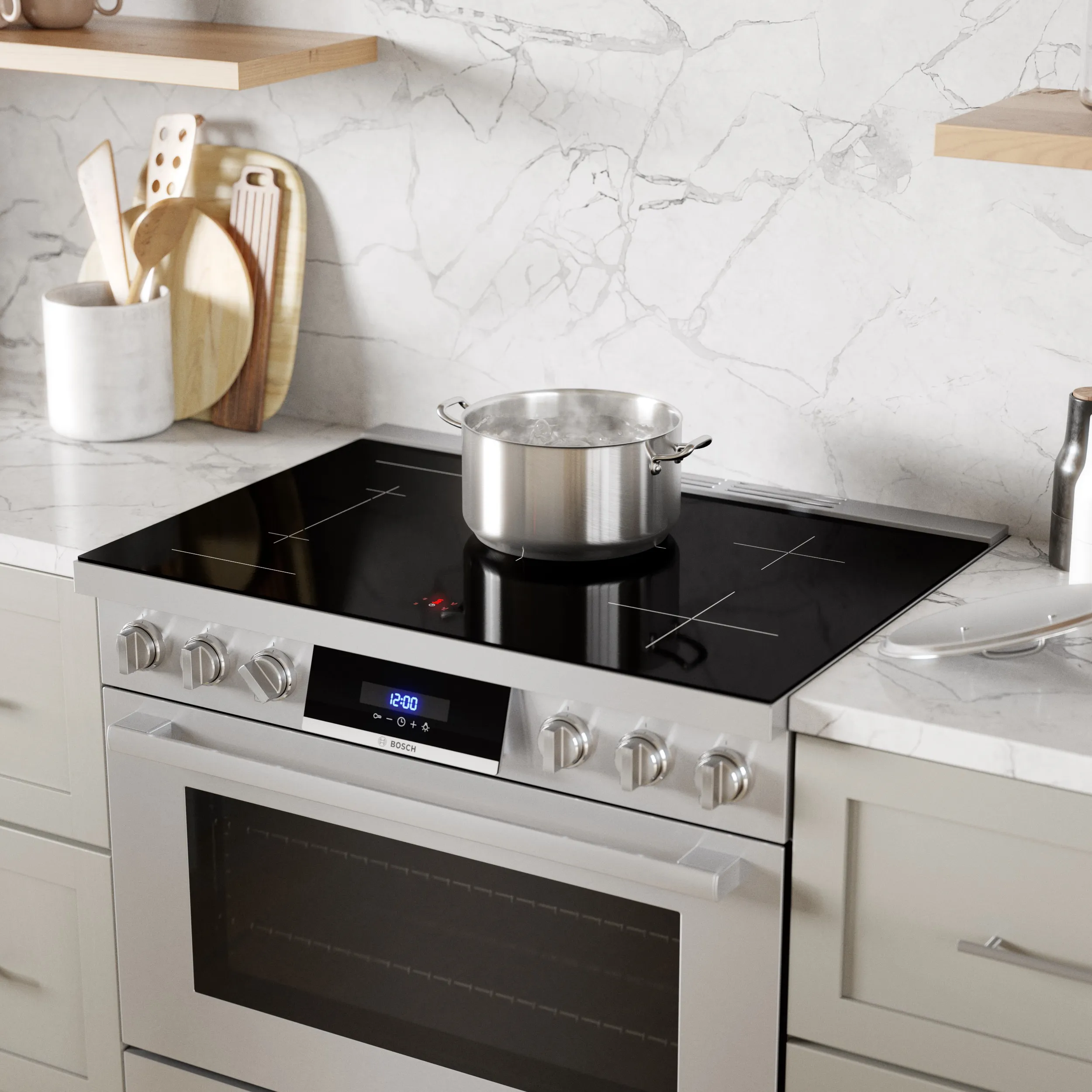 Bosch electric range with sleek cooktop, stainless steel pot boiling, and digital display.