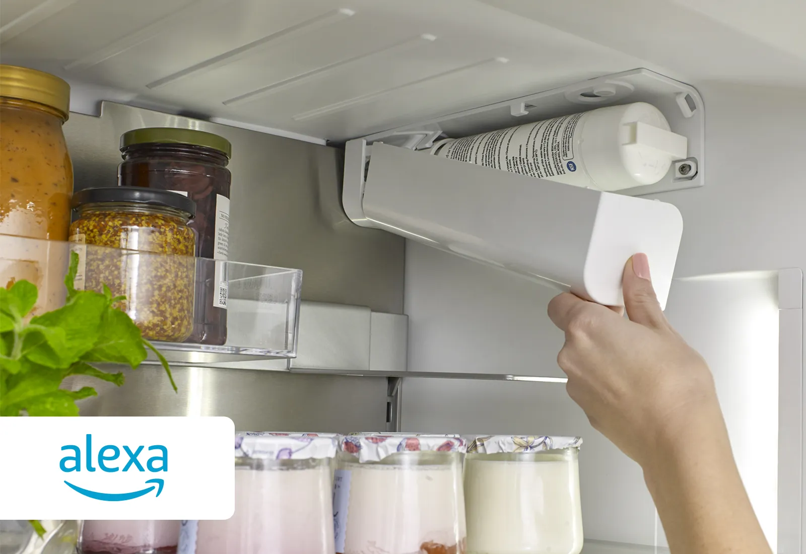 A hand installs a water filter inside a Bosch fridge, with jars and leafy greens on the shelf.