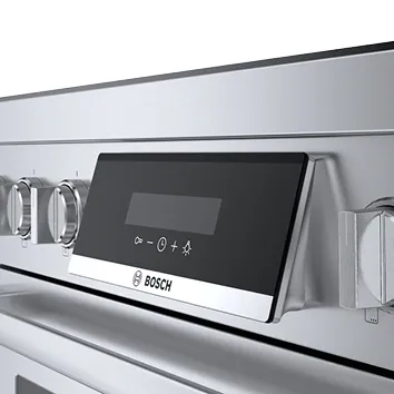 Bosch oven control panel with knobs and digital display in stainless steel finish.
