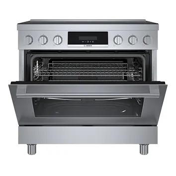 Bosch Stainless steel freestanding oven with open door and control knobs on top display.