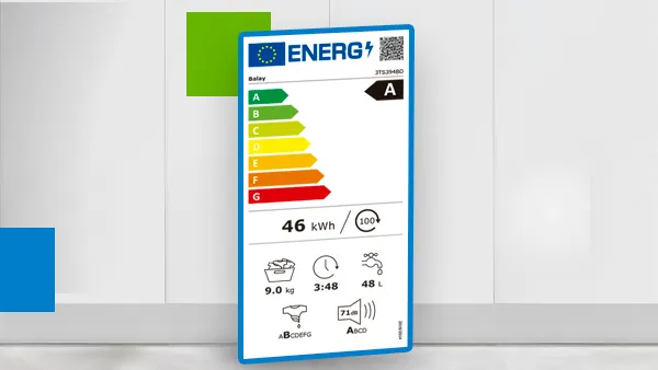 Etiqueta energética con calificación 'A' y detalles: 46 kWh, 9 kg, ciclo 3:48 y capacidad de 48 L. 