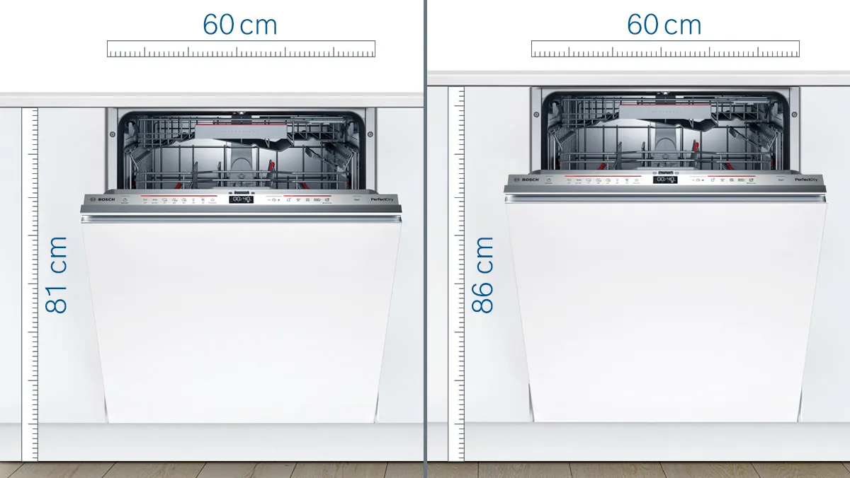 Built-in dishwashers available in two heights, standard 81 cm and tall 86 cm, to fit perfectly under any kitchen countertop.