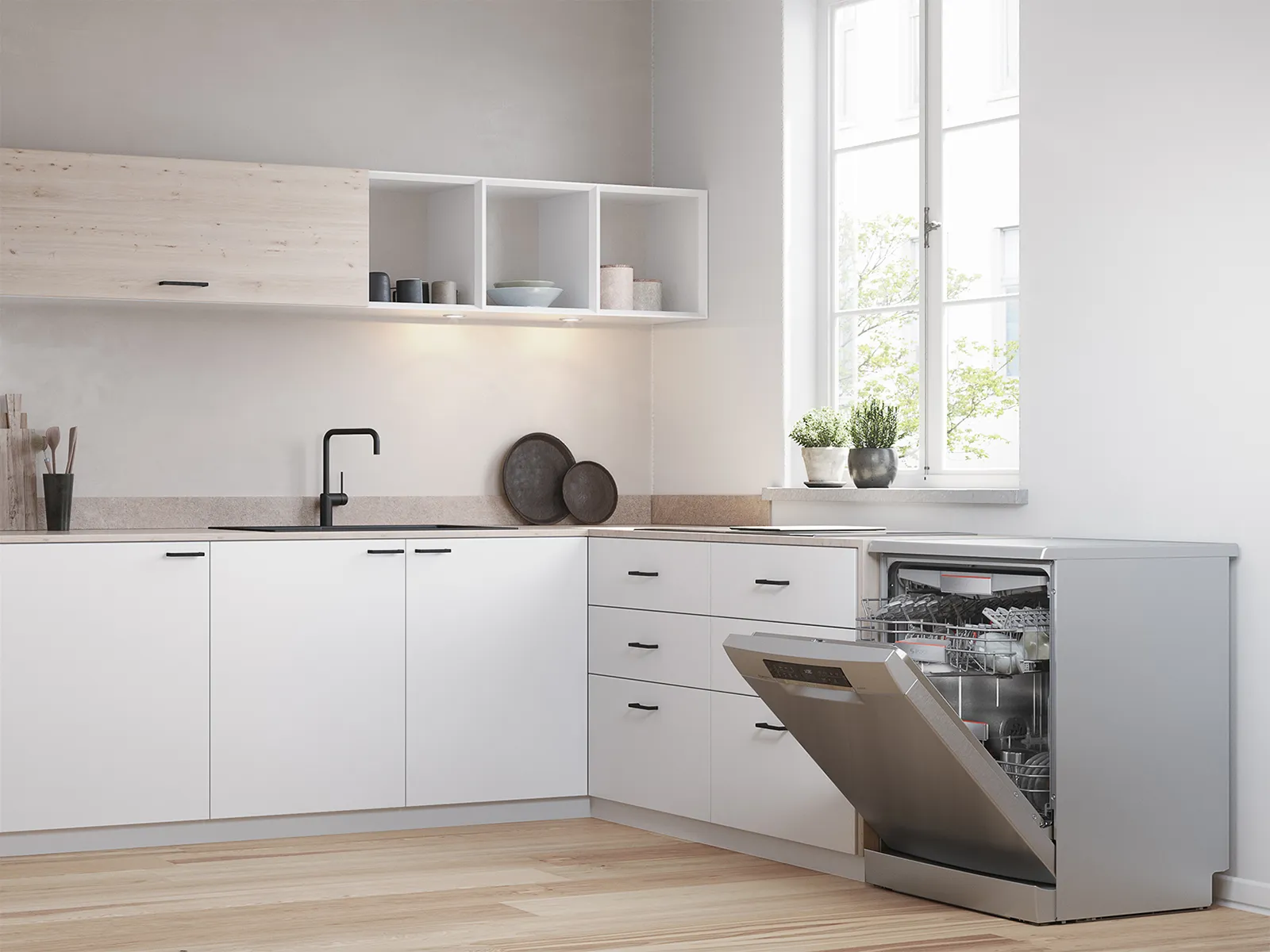 Bright minimalist kitchen with open dishwasher door