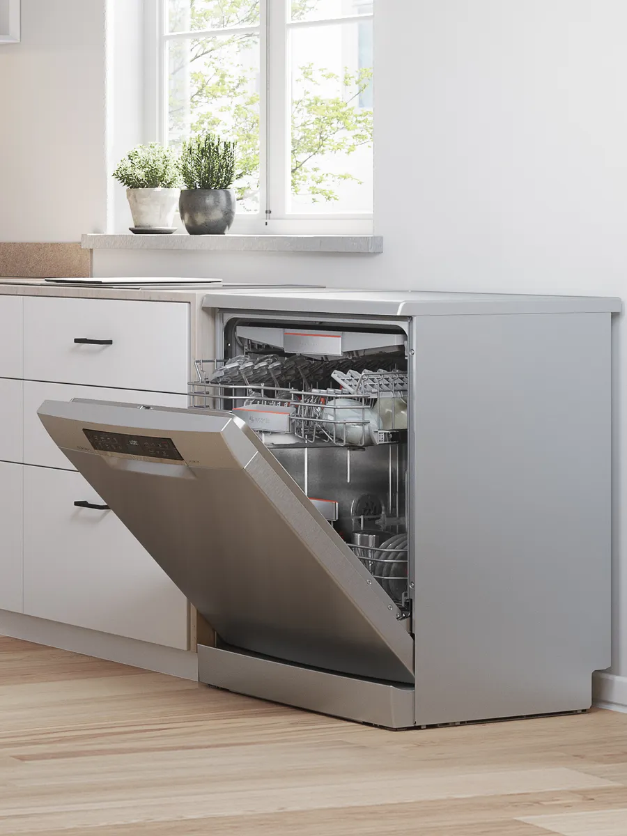 Bosch fully integrated open dishwasher with top-mounted control panel, adjustable racks, and advanced cleaning features.